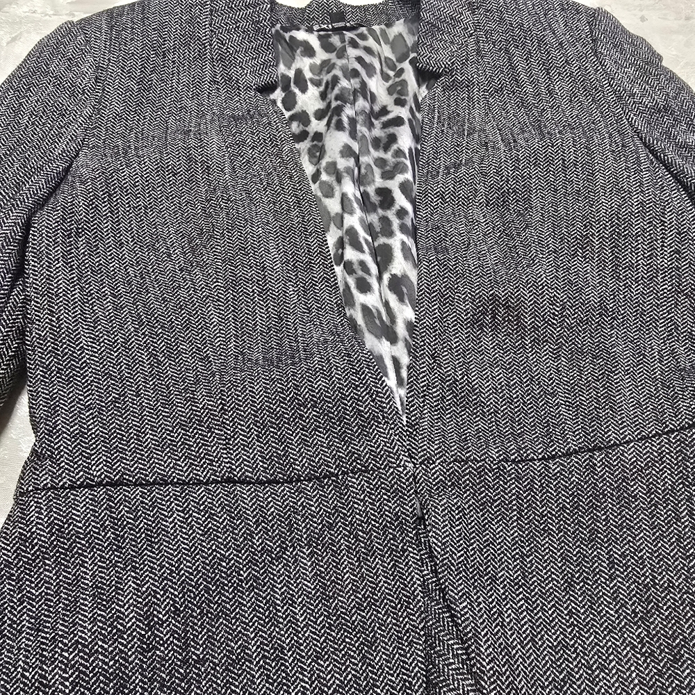 Express Women Herringbone Blazer Leopard Print Size 6 Work Church Tweed Elegant - Picture 2 of 9